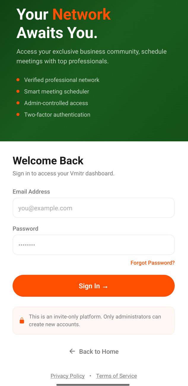 VMITR mobile app — secure member login screen built by BytePatch Technologies