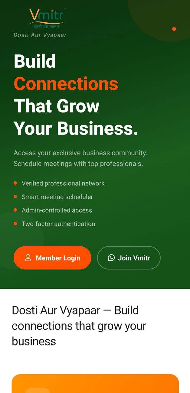 VMITR mobile app — business networking home screen built by BytePatch Technologies