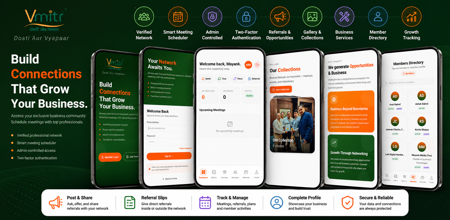 VMITR mobile app — verified member network, smart meeting scheduler, referrals and two-factor authentication screens, built by BytePatch Technologies